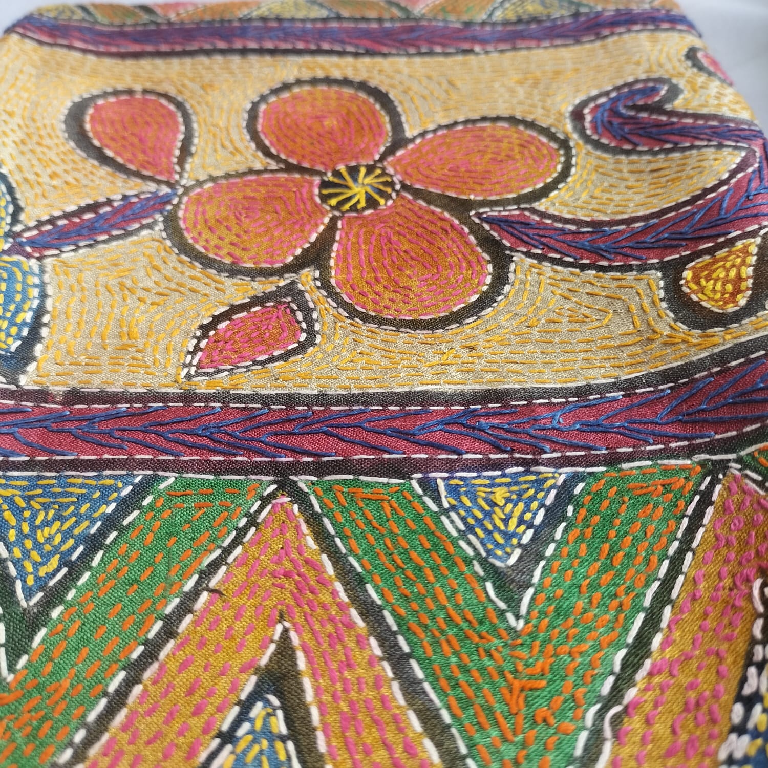 Tussar silk handprint kantha work stole