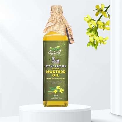 Stone Cold Pressed Yellow Mustard Oil | Stone & Wood Cold Pressed Oil | Sieve-Filtered | Pura & Natural Kachhi Ghani | Glass Bottle | Gyros Farm
