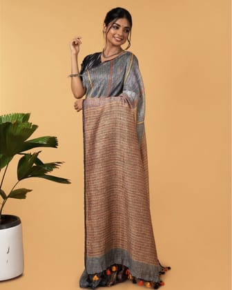 Pure Linen Weaving Design Kantha Work Grey Color Saree with Kantha Blouse-7032 Pure Linen Weaving Design Kantha Work Grey Color Saree with Kantha Blouse-7032