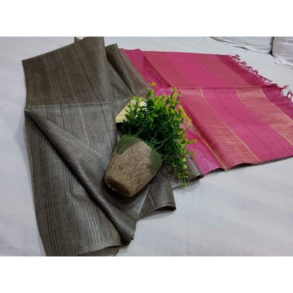 Silkmark Certified Eri Tussar Striped Black Body Saree with Pink Pallu Colour Blouse-4635 Silkmark Certified Eri Tussar Striped Black Body Saree with Pink Pallu Colour Blouse-4635