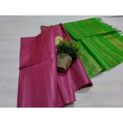 Silkmark Certified Eri Tussar Striped Pink Body Saree with Green Pallu Colour Blouse-4339 Silkmark Certified Eri Tussar Striped Pink Body Saree with Green Pallu Colour Blouse-4339