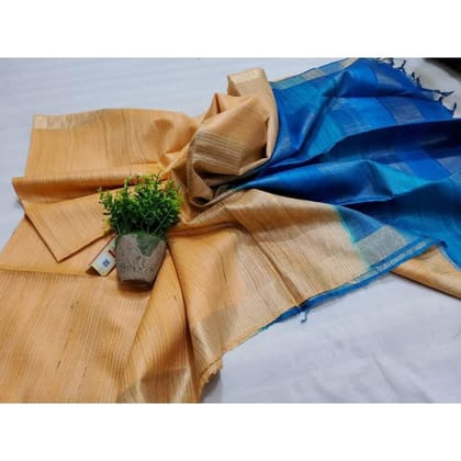 Silkmark Certified Eri Tussar Striped Body Peach Saree with Blue Pallu Colour Blouse-5914 Silkmark Certified Eri Tussar Striped Body Peach Saree with Blue Pallu Colour Blouse-5914