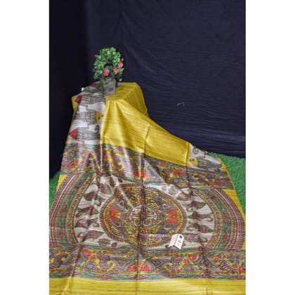 Silkmark Certified Tussar Silk Handloom Handblock Printed Yellow Saree with Blouse-9300 Silkmark Certified Tussar Silk Handloom Handblock Printed Yellow Saree with Blouse-9300