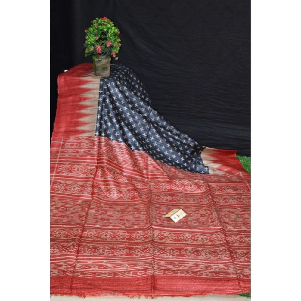 Silkmark Certified Tussar Silk Handloom Handblock Printed Black Saree with Blouse-5520