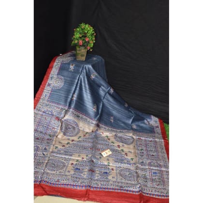 Silkmark Certified Tussar Silk Handloom Handblock Printed Blue Saree with Blouse-3887 Silkmark Certified Tussar Silk Handloom Handblock Printed Blue Saree with Blouse-3887