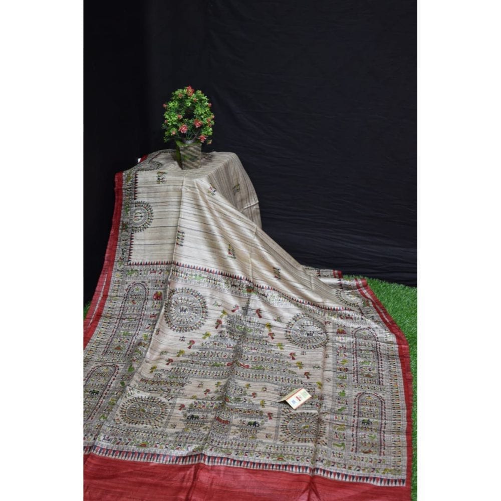 Silkmark Certified Tussar Silk Handloom Handblock Printed Biege Saree with Blouse-9865