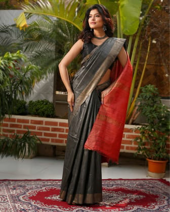Silkmark Certified Gichcha Tussar Handloom Hand Dyed Saree Black Color with Blouse-3397 Silkmark Certified Gichcha Tussar Handloom Hand Dyed Saree Black Color with Blouse-3397