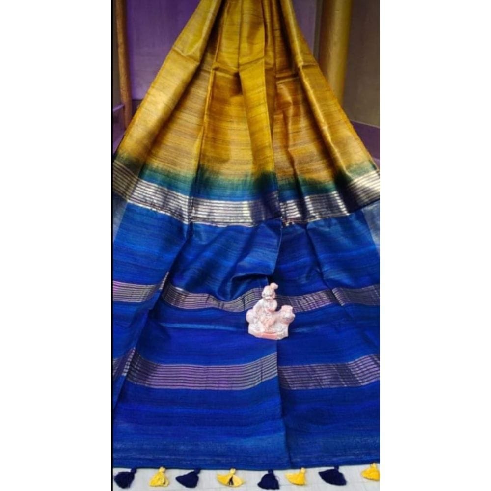 Silkmark Certified Gichcha Tussar Handloom Hand Dyed Mustard Yellow Saree with Blouse-2588