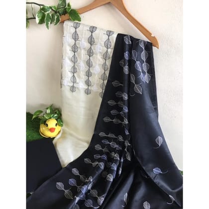 Katan Silk White Suit Piece with Black Bottom and Dupatta Embroidered-7400 Katan Silk White Suit Piece with Black Bottom and Dupatta Embroidered-7400