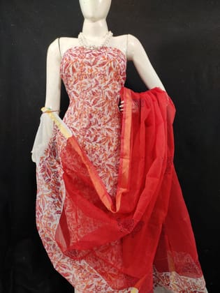 Kota Doria Red Suit Material Handblock Printed with Zari Border Dupatta-4929 Kota Doria Red Suit Material Handblock Printed with Zari Border Dupatta-4929