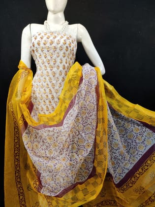 Kota Doria Yellow Suit Material Handblock Printed with Zari Border Dupatta-9952