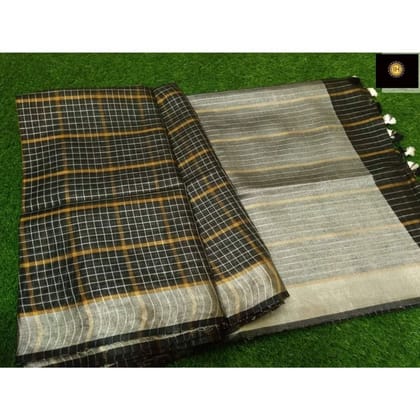 Pure Linen Check Design Handloom Black Saree with Running Blouse-5763 Pure Linen Check Design Handloom Black Saree with Running Blouse-5763