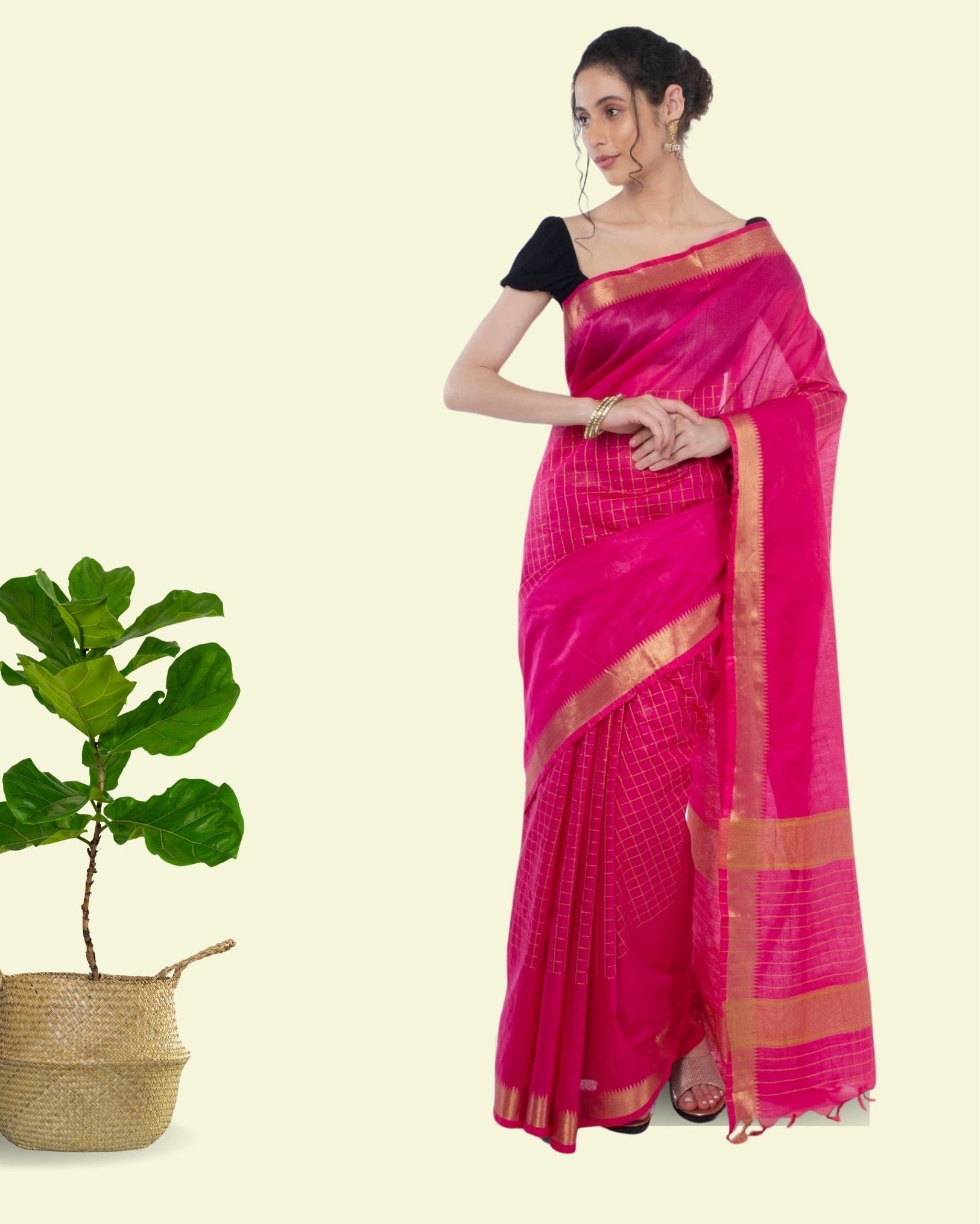 Kota Silk Saree with Running Blouse Zari Border Handcrafted-7626