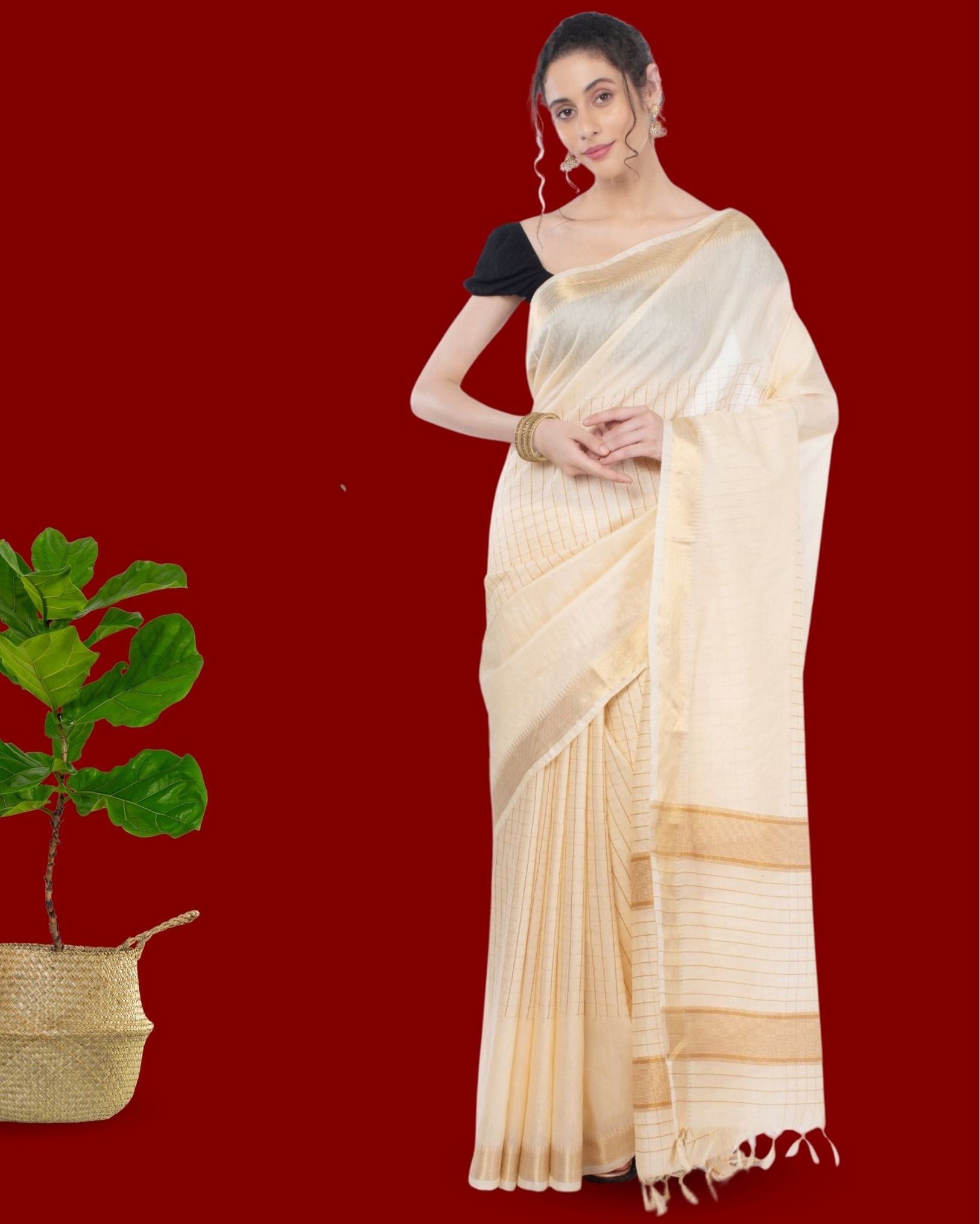 Kota Silk White Saree with Running Blouse Zari Border Handcrafted-7399