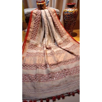 Pure Linen Hand Cutwork Design Red Saree with Running Blouse-5072 Pure Linen Hand Cutwork Design Red Saree with Running Blouse-5072