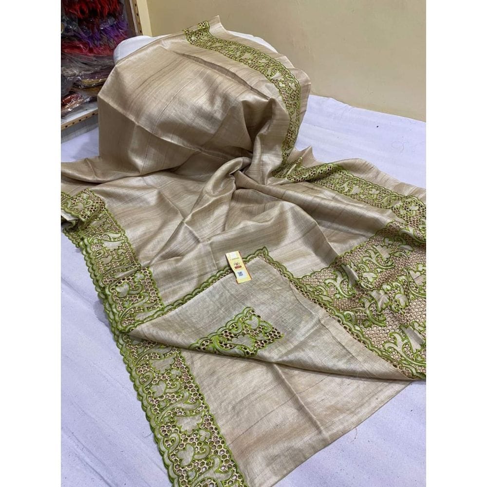 Silkmark Certified Pure Tussar Hand Cutwork Biege color Saree with Contrast Blouse-9644