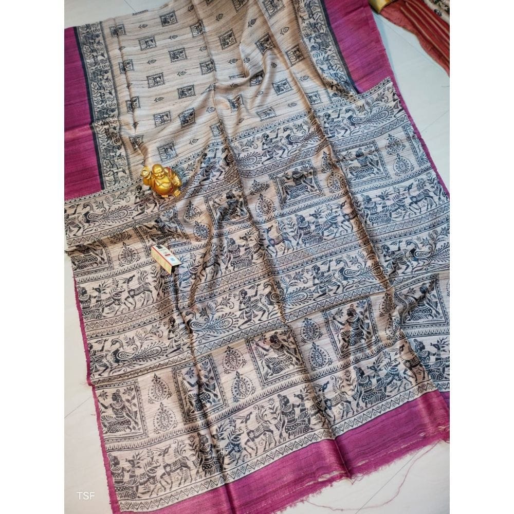 Silkmark Certified Tussar Silk Madhubani Block Print Biege color Saree with Blouse-3005