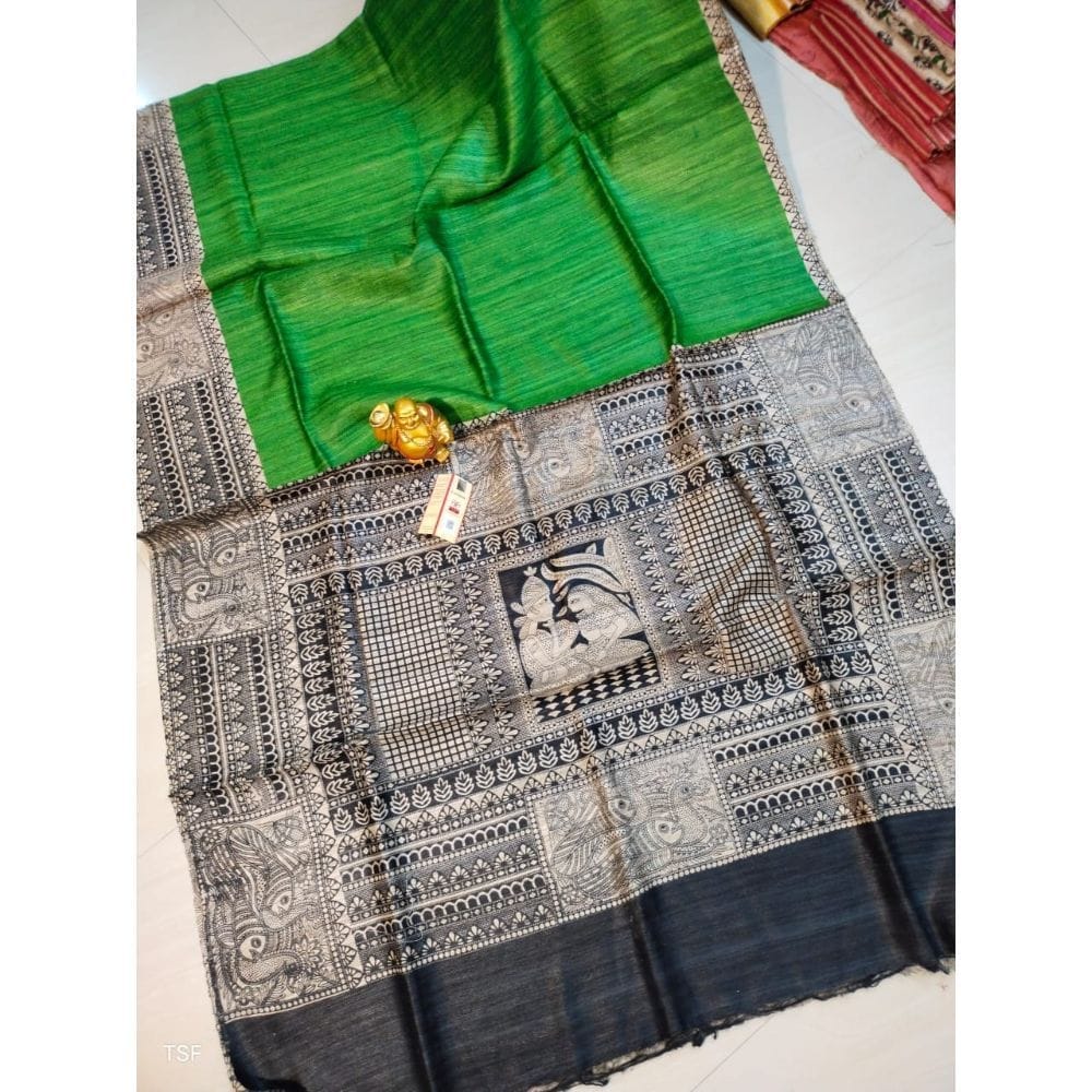 Silkmark Certified Tussar Silk Madhubani Block Print Green Saree with Blouse-1714