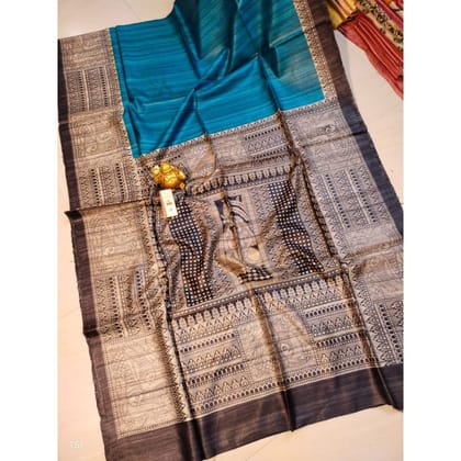 Silkmark Certified Tussar Silk Madhubani Block Print Blue Saree with Blouse-8987 Silkmark Certified Tussar Silk Madhubani Block Print Blue Saree with Blouse-8987