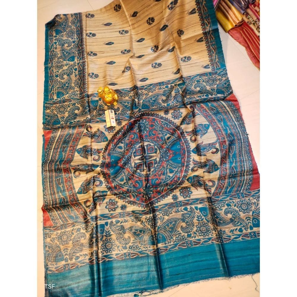 Silkmark Certified Tussar Silk Madhubani Block Print Pastel Yellow Saree with Blouse-1781