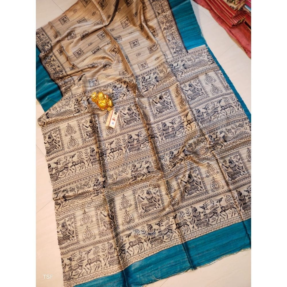 Silkmark Certified Tussar Silk Madhubani Block Print Biege color Saree with Blouse-4826