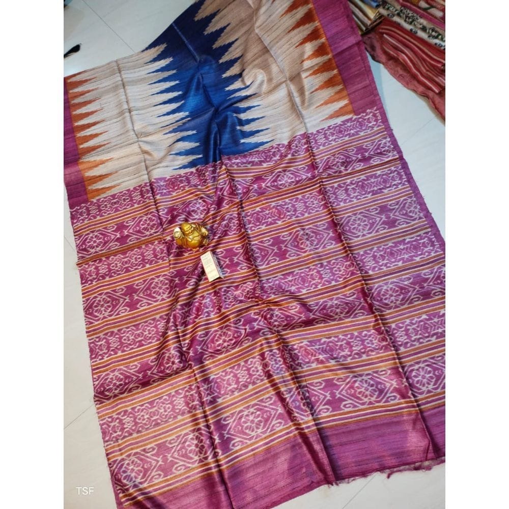 Silkmark Certified Tussar Silk Madhubani Block Print Biege color Saree with Blouse-1805