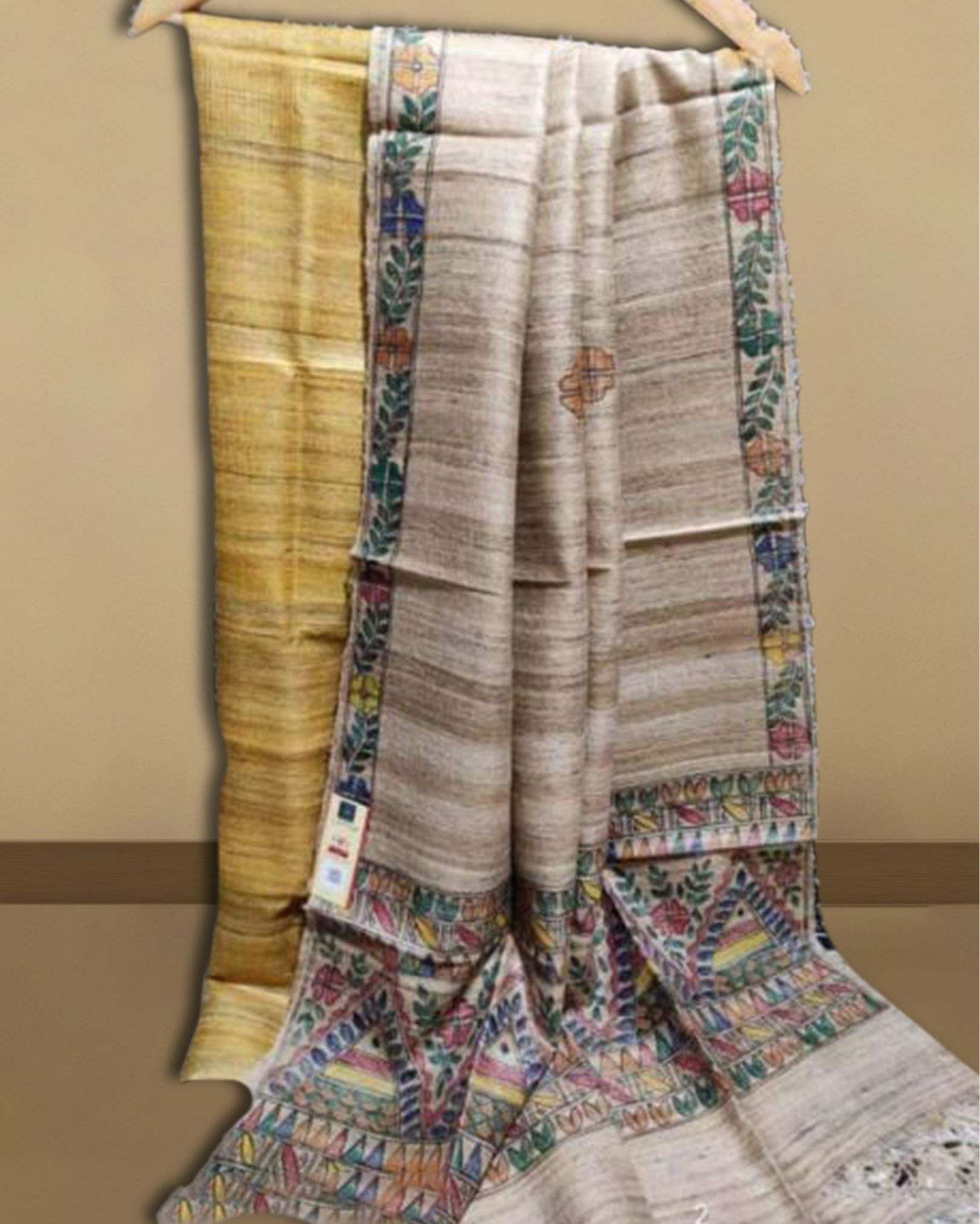 Tussar Silk Madhubani Biege Dupatta and Plain Tussar Silk Mustard Yellow Top (Tussar by Tussar) Silkmark Certified-5023