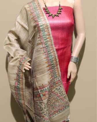 Tussar Silk Madhubani Biege Dupatta and Plain Tussar Silk Red Top (Tussar by Tussar) Silkmark Certified-1449