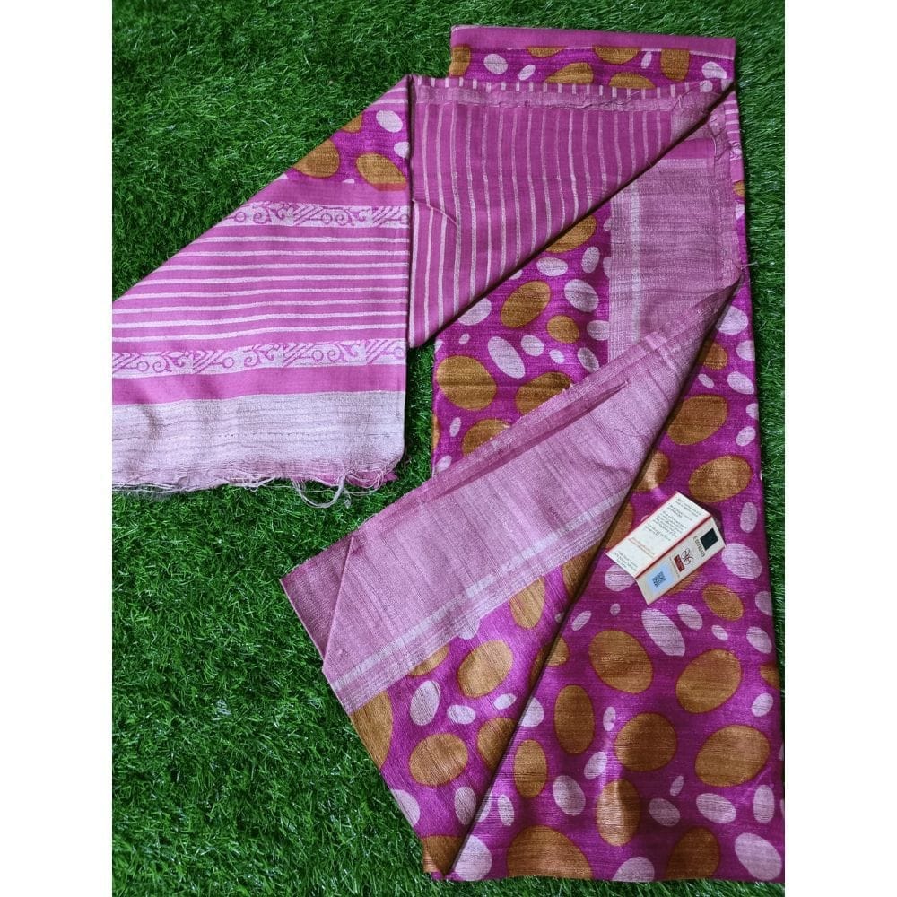 Silkmark Certified Tussar Silk Handloom Block Print Pink Saree with Blouse-9976