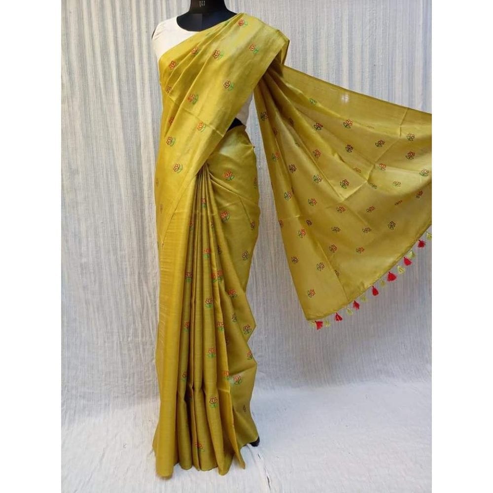 Silkmark Certified Pure Tussar Silk Embroidered Handloom Yellow Saree with Blouse (Tussar by Tussar)-2080