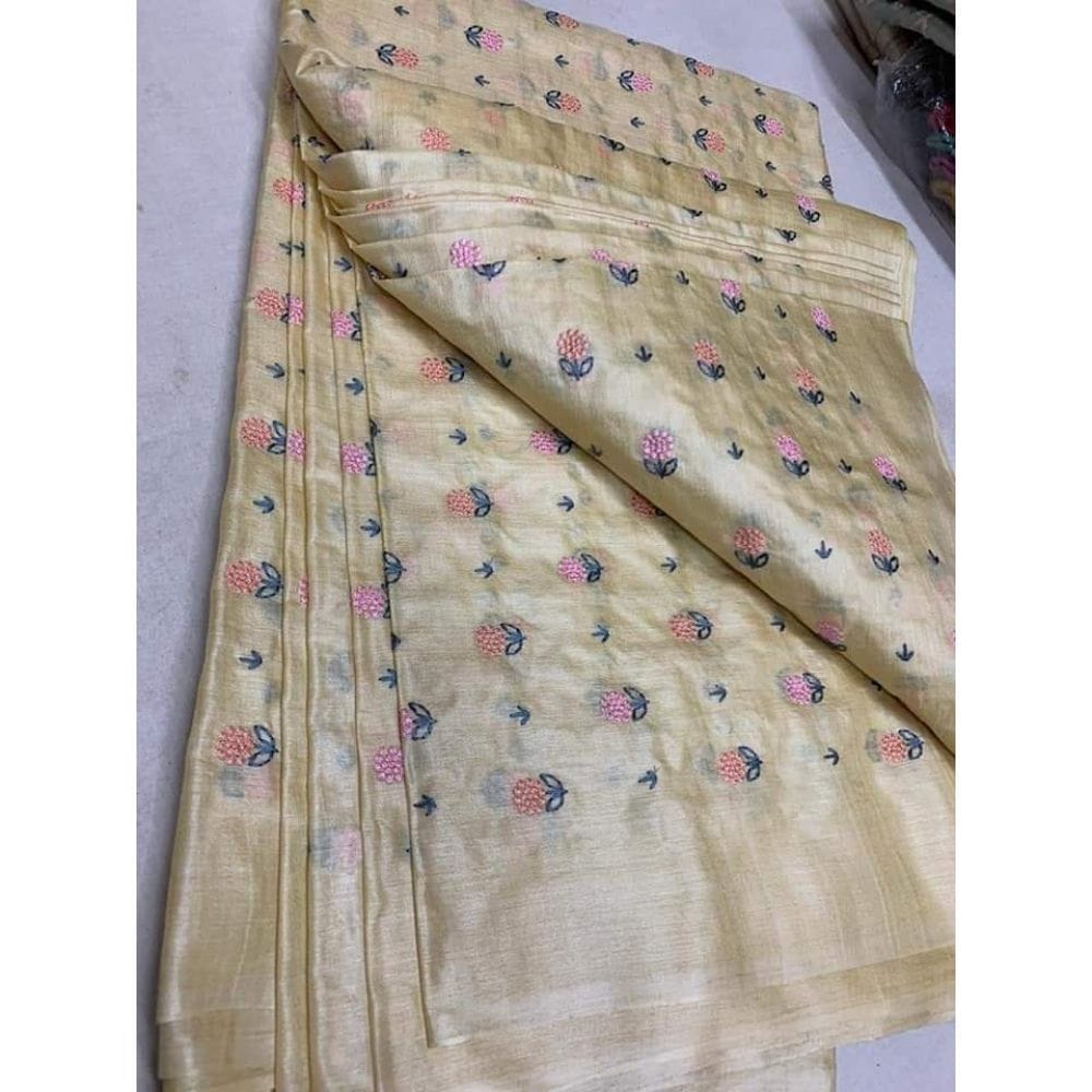 Silkmark Certified Pure Tussar Silk Embroidered Handloom Biege color Saree with Blouse (Tussar by Tussar)-4719
