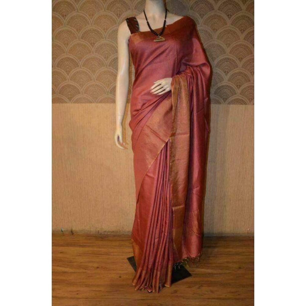 Silkmark Certified Moonga Tussar Rust Red Silk Saree with Running Blouse Handcrafted-6522