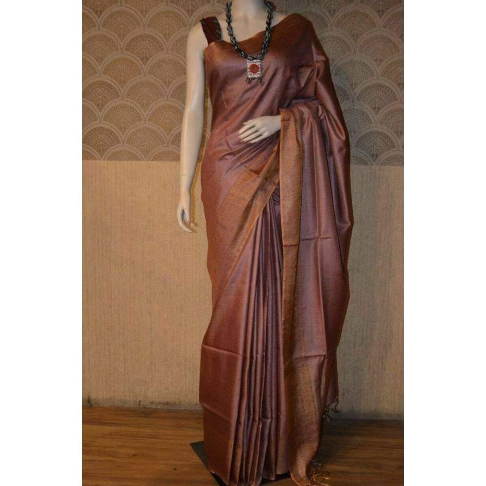 Silkmark Certified Moonga Tussar Brown Silk Saree with Running Blouse Handcrafted-8973