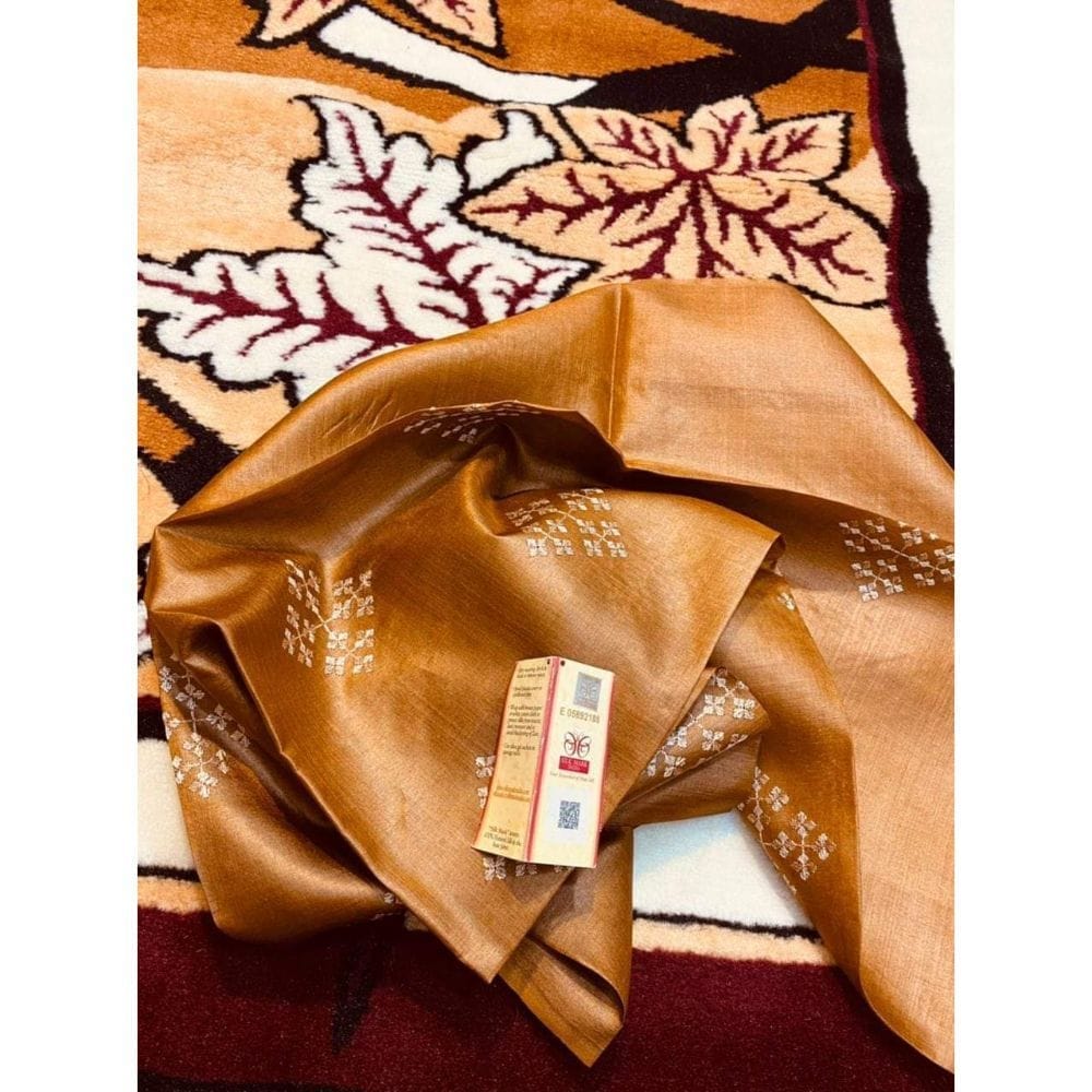 Silkmark Certifiied Pure Tussar Silk Embroidered Handloom Saree Saddle Brown (Tussar by Tussar) with Blouse-2491