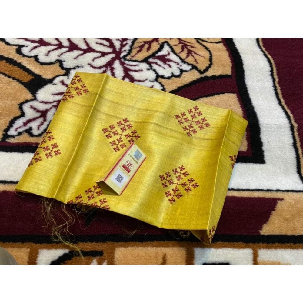 Silkmark Certifiied Pure Tussar Yellow Silk Embroidered Handloom Saree (Tussar by Tussar) with Blouse-4377