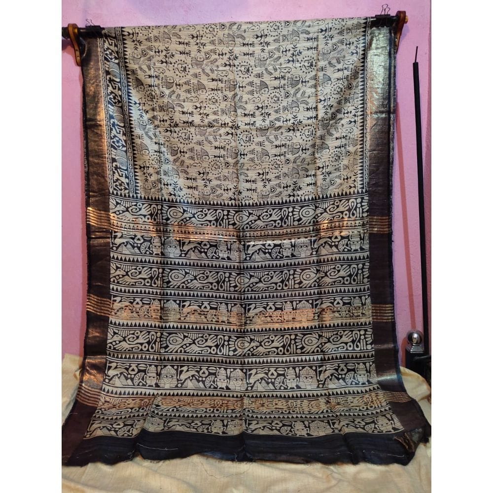 Silkmark Certifiied Tussar Silk Handloom Handblock Printed Grey & Black Colour Saree with Blouse-7760