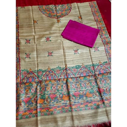 Silkmark Certified Tussar Grullo Silk Madhubani Dupatta and Plain Tussar Violet Silk Top (Tussar by Tussar)-8163