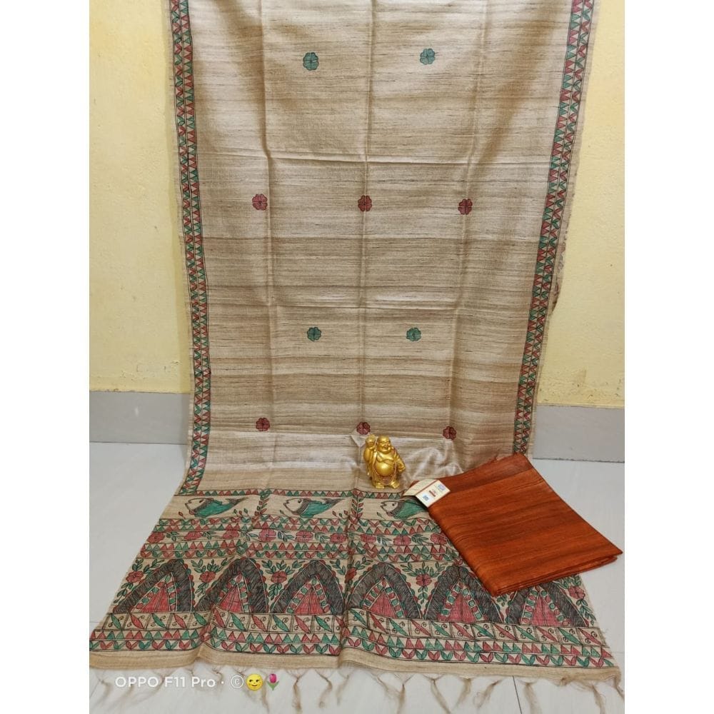 Silkmark Certified Tussar Grullo Brown Silk Madhubani Dupatta and Plain Tussar Saddle Brown Silk Top (Tussar by Tussar)-8493