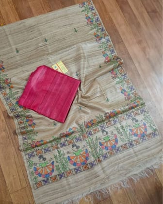 Silkmark Certified Tussar Grullo Silk Madhubani Dupatta and Plain Tussar Violet Silk Top (Tussar by Tussar)-7624