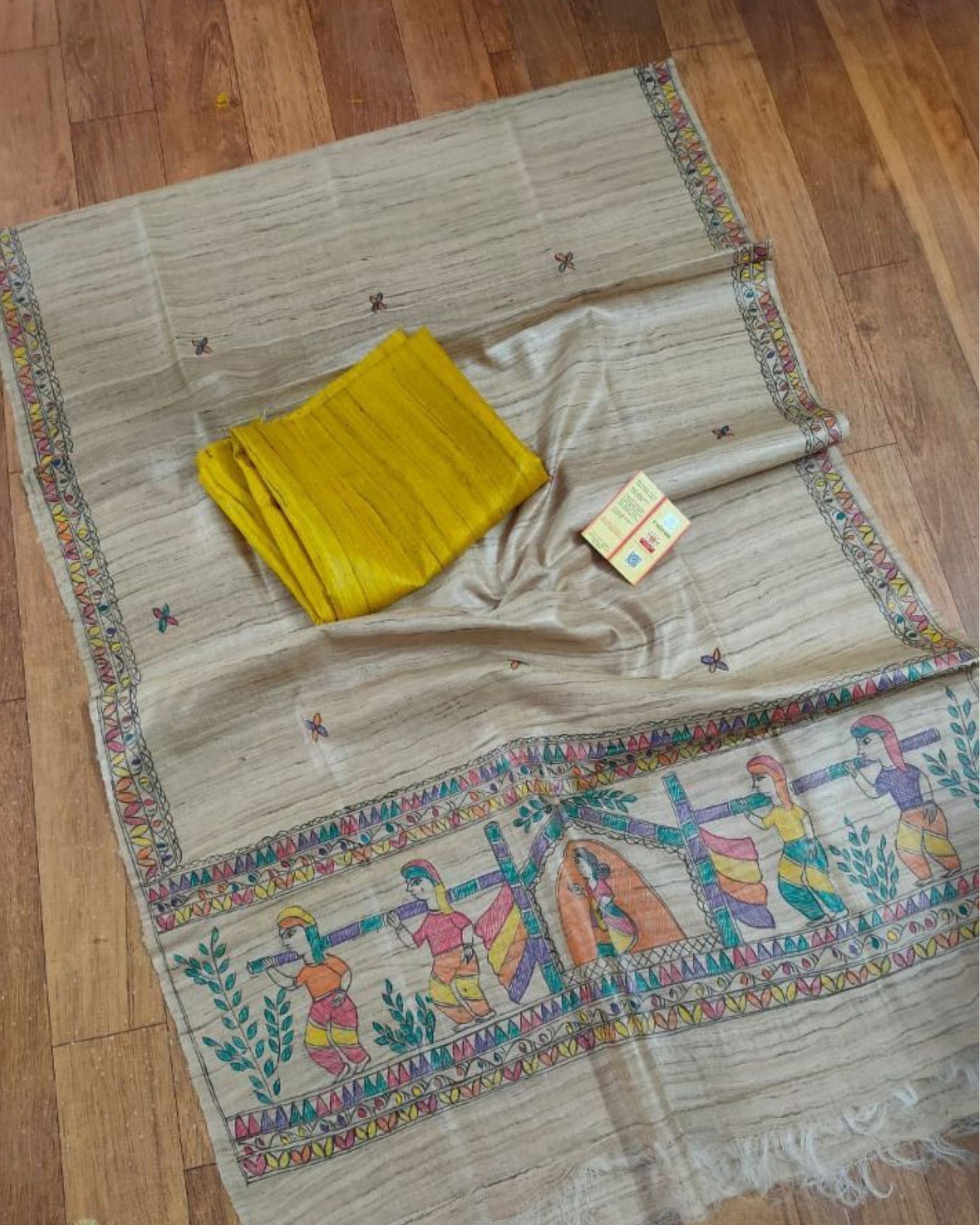 Silkmark Certified Tussar Grullo Silk Madhubani Dupatta and Plain Tussar Yellow Silk Top (Tussar by Tussar)-3870