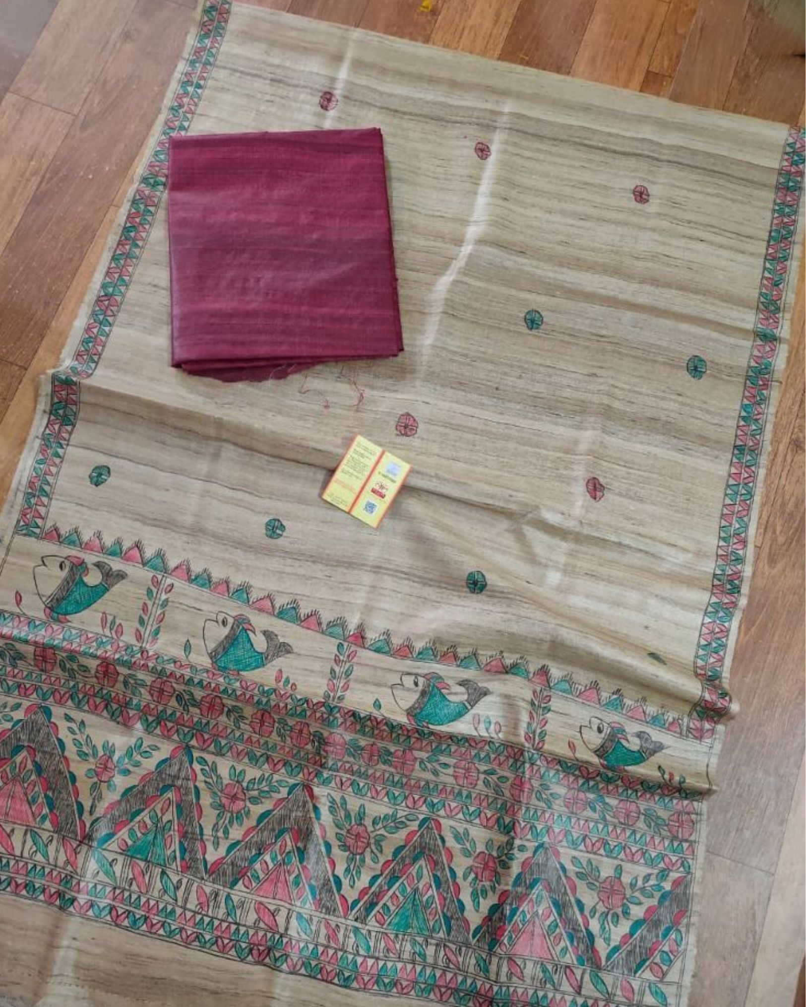 Silkmark Certified Tussar Grullo Brown Silk Madhubani Dupatta and Plain Tussar Dark Raspberry Silk Top (Tussar by Tussar)-2294