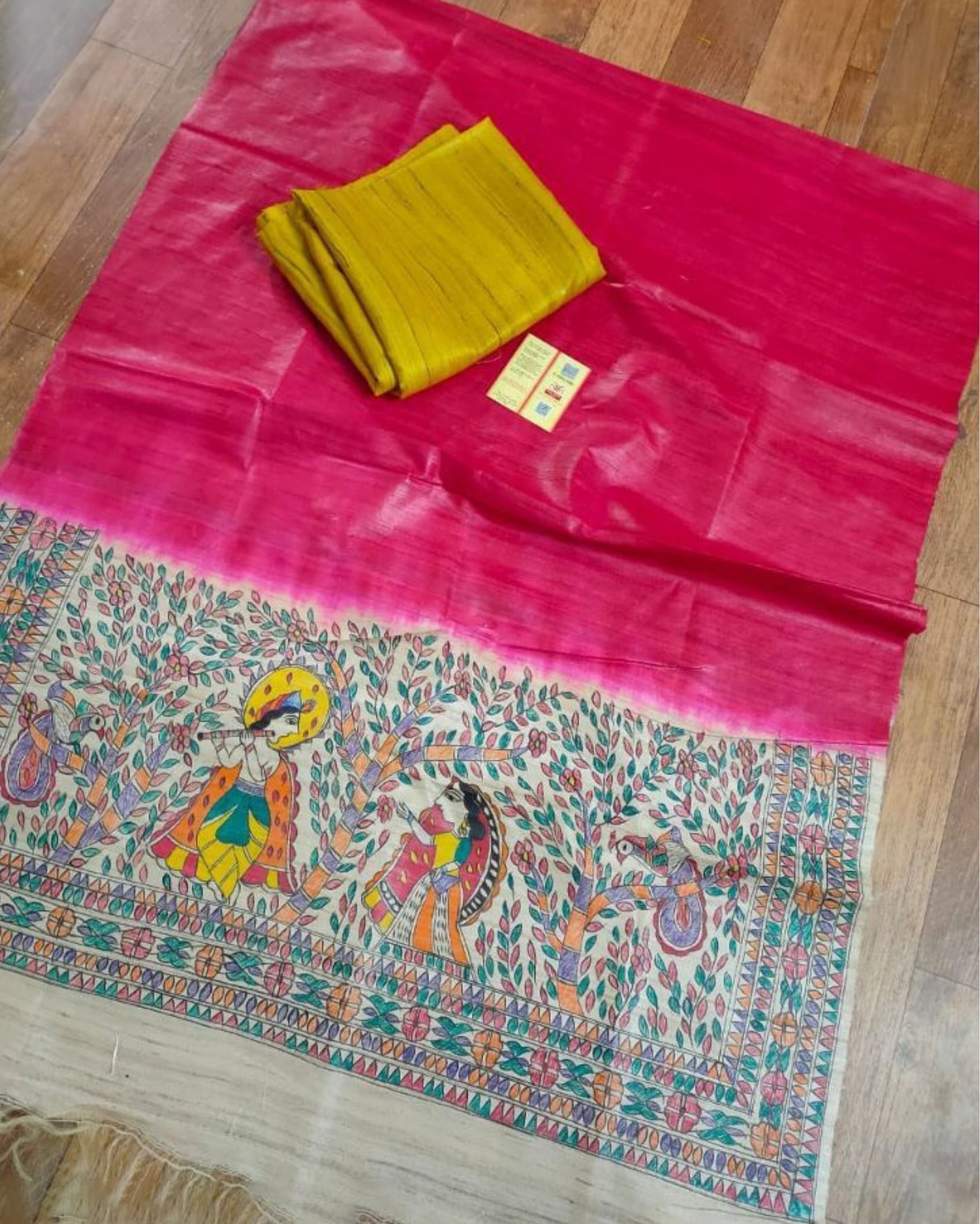 Silkmark Certified Tussar Pink Silk Madhubani Dupatta and Plain Tussar Yellow Silk Top (Tussar by Tussar)-7711