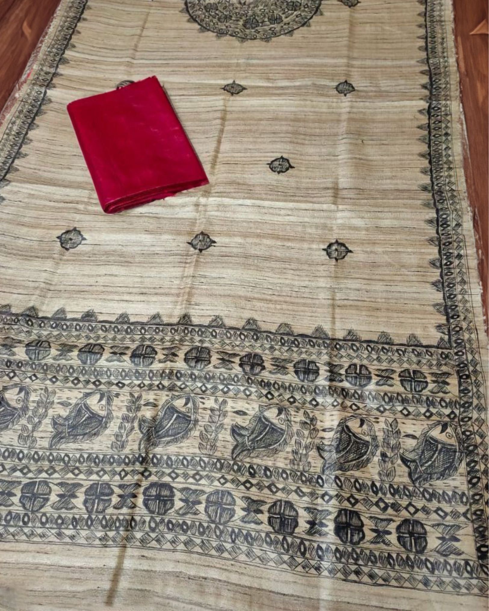 Silkmark Certified Tussar Grullo Brown Silk Madhubani Dupatta and Plain Tussar Carmine Red Silk Top (Tussar by Tussar)-2759