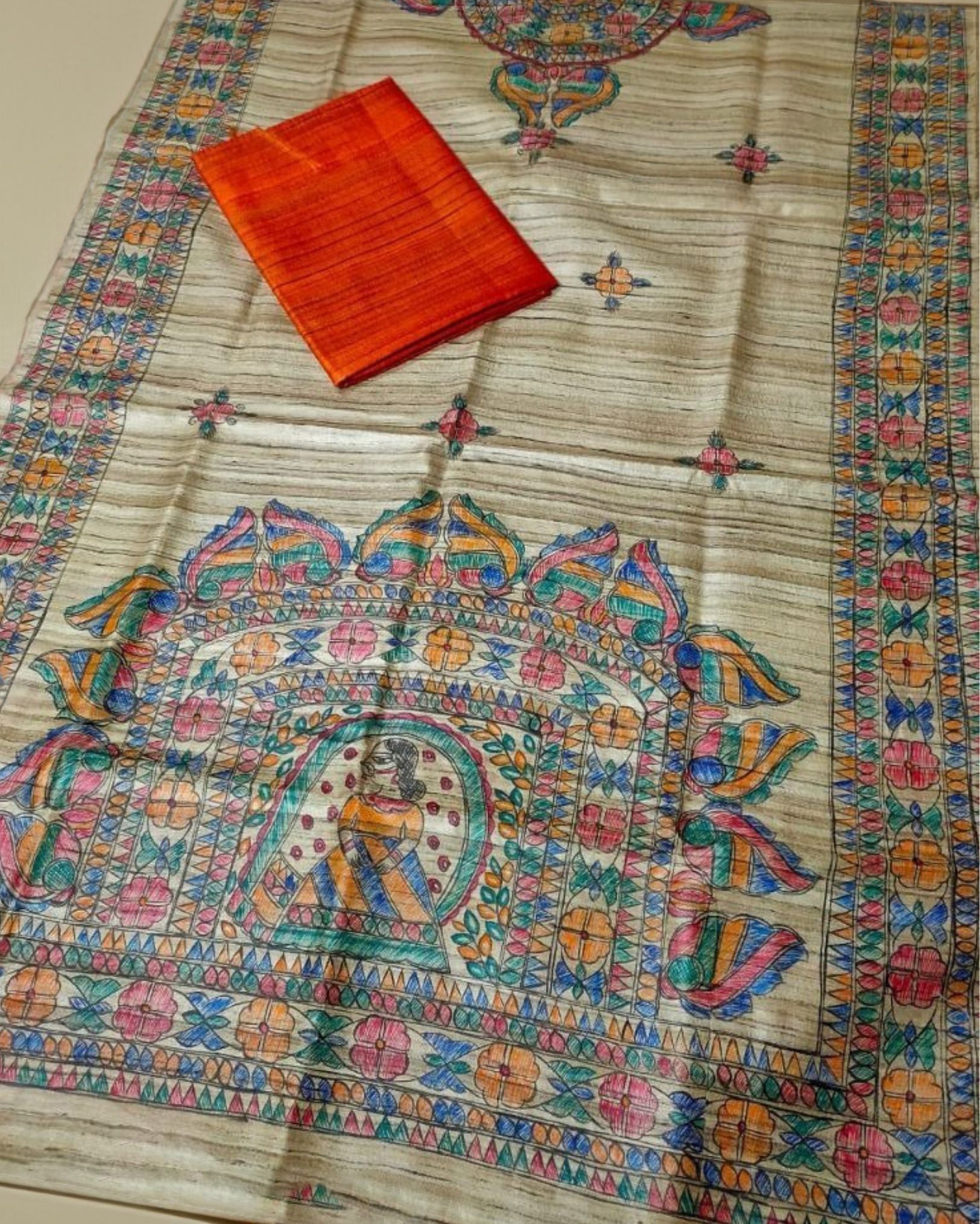 Silkmark Certified Tussar Grullo Brown Silk Madhubani Dupatta and Plain Tussar Orange Silk Top (Tussar by Tussar)-6866