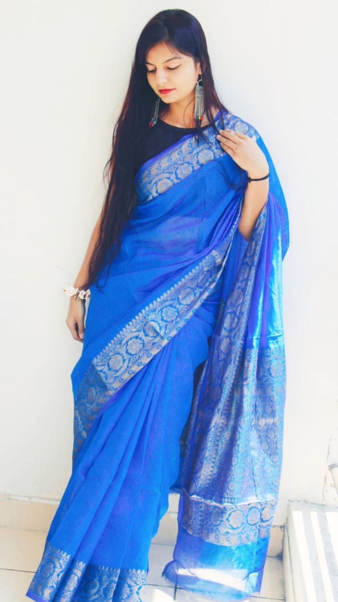 Silk Linen Banarasi Brocade Handloom Sapphire Blue Saree with Blouse-9684