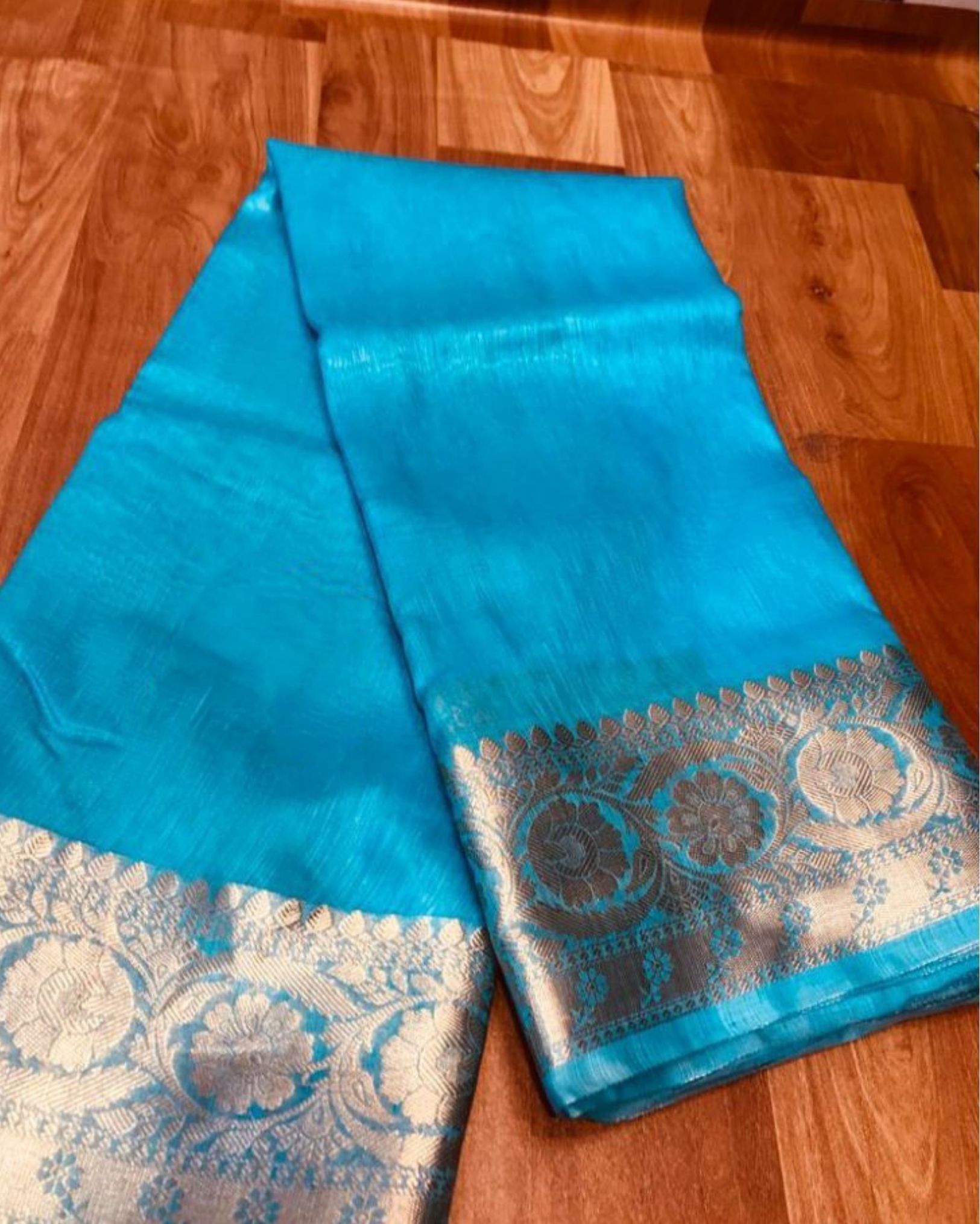 Silk Linen Banarasi Brocade Handloom Pacific Blue Saree with Blouse-4874