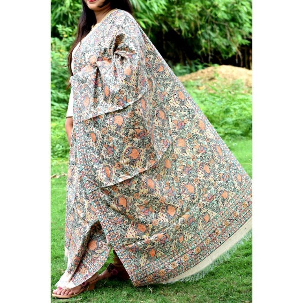 Tussar Multi Colour Silk Madhubani Dupatta Silkmark Certified Handpainted-4437
