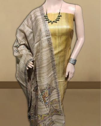 SSilkmark Certified Tussar Pastel Brown Silk Madhubani Dupatta and Plain Tussar Bronze Metallic Colour Silk Top (Tussar by Tussar)-2925