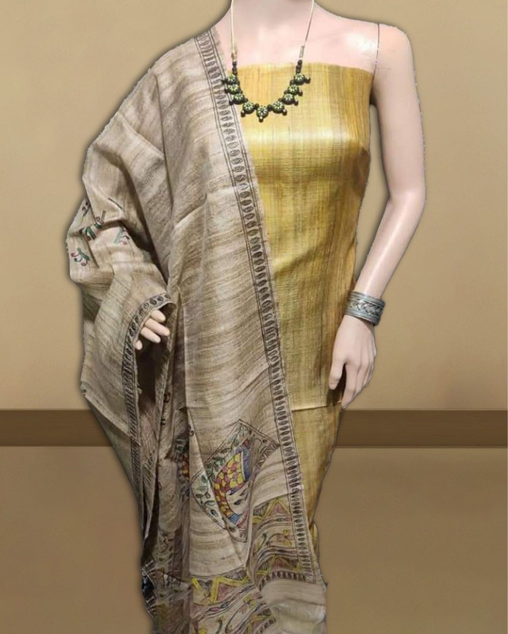SSilkmark Certified Tussar Pastel Brown Silk Madhubani Dupatta and Plain Tussar Bronze Metallic Colour Silk Top (Tussar by Tussar)-2925