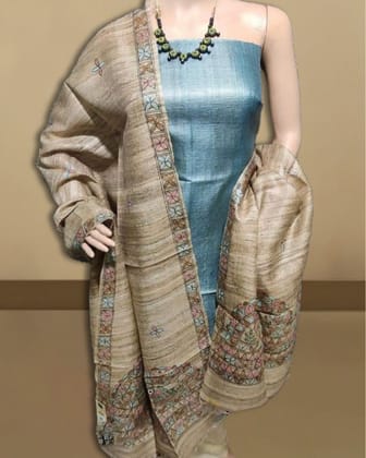 SSilkmark Certified Tussar Pastel Brown Silk Madhubani Dupatta and Plain Tussar Teal Blue Silk Top (Tussar by Tussar)-8996